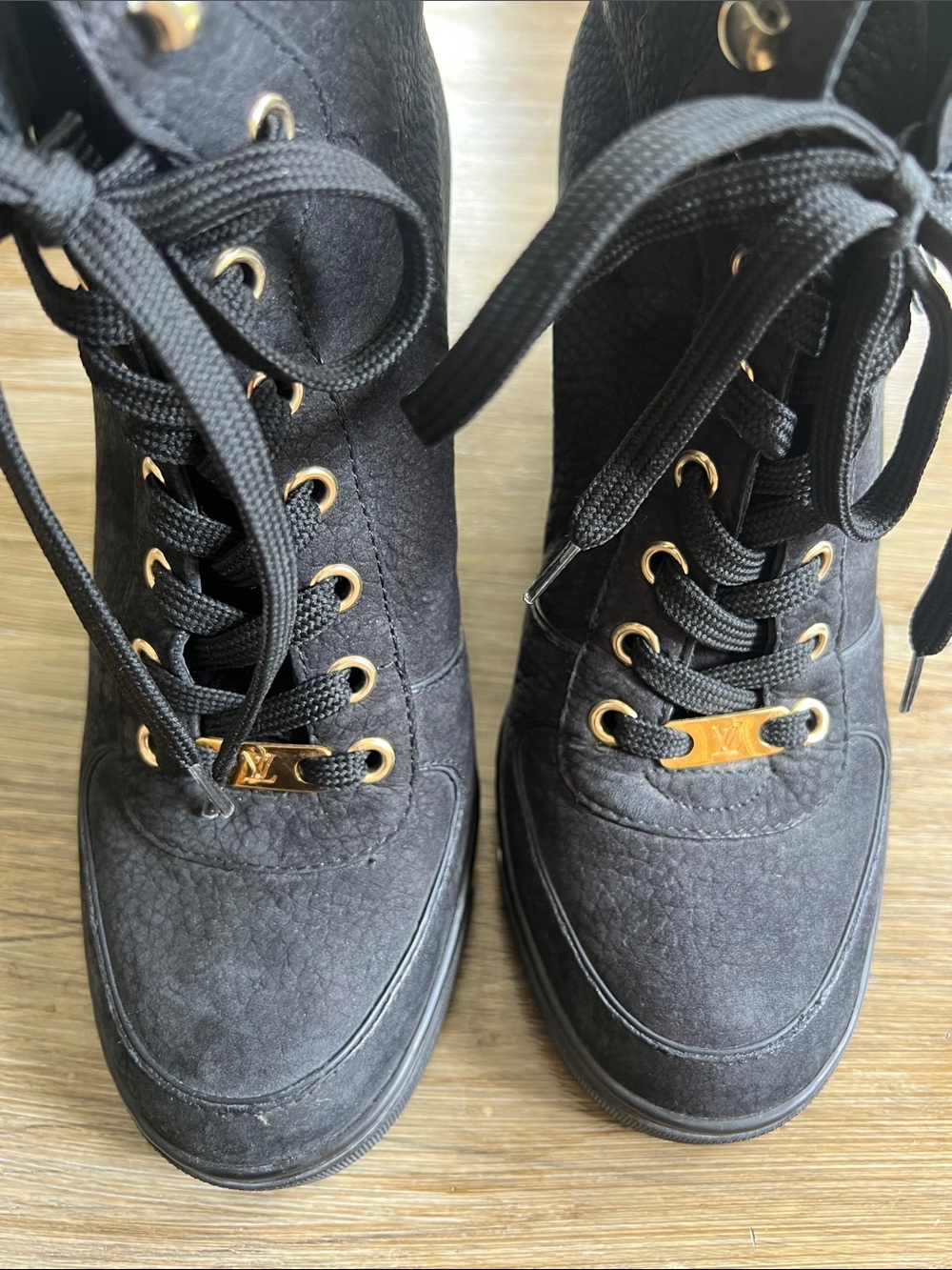 Louis Vuitton Black Lace-Up Wedge Ankle Boots with Gold Hardware - Picture 2 of 7